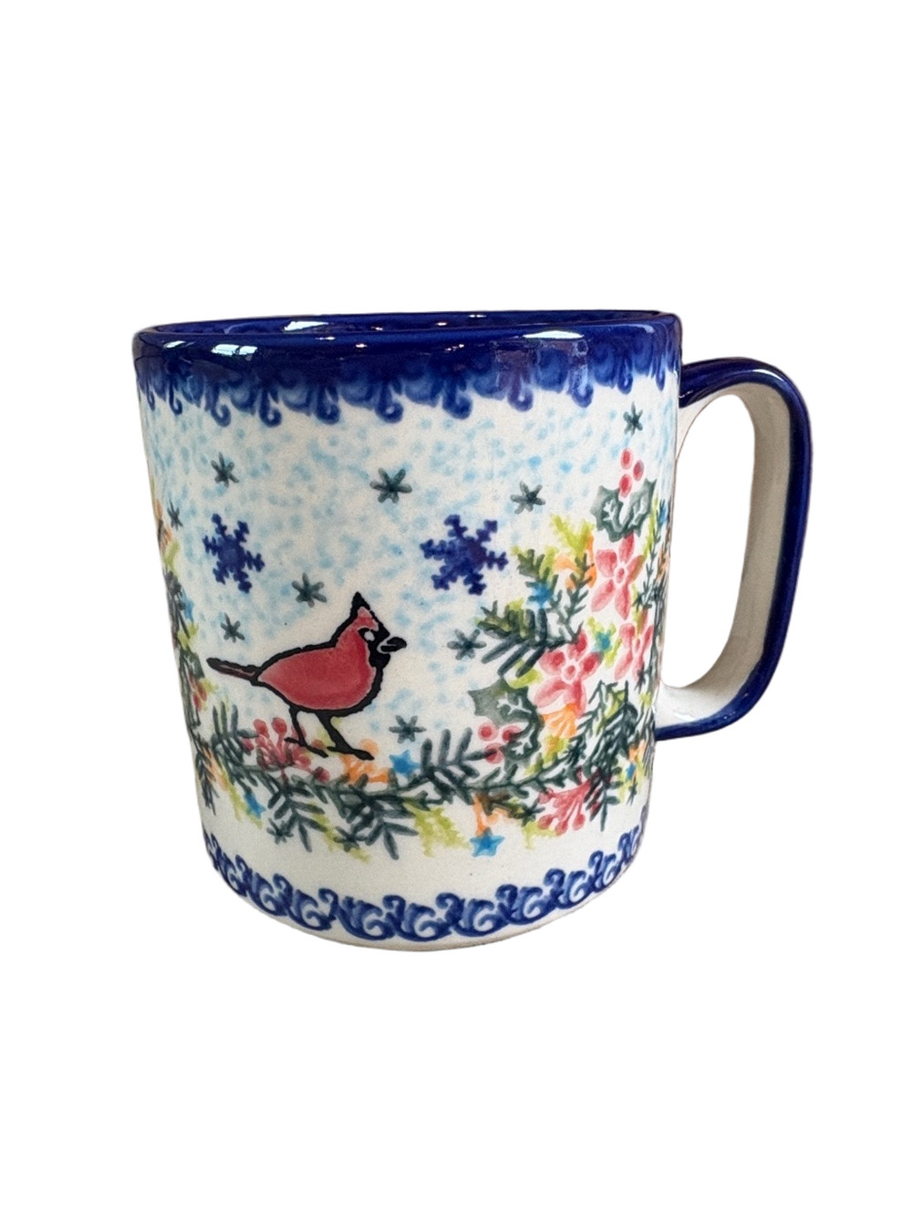 Blue Rose pottery made in Poland cup featuring red birds